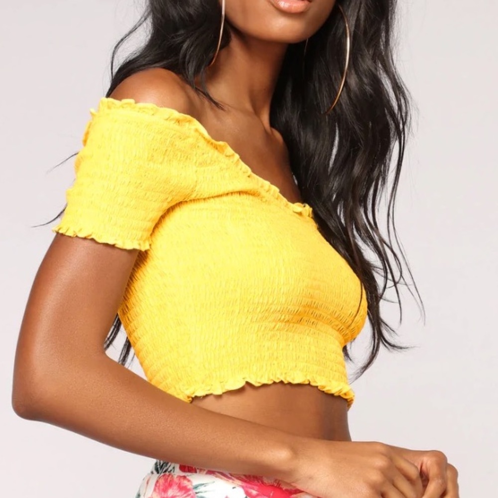 Yellow off the shoulder crop top